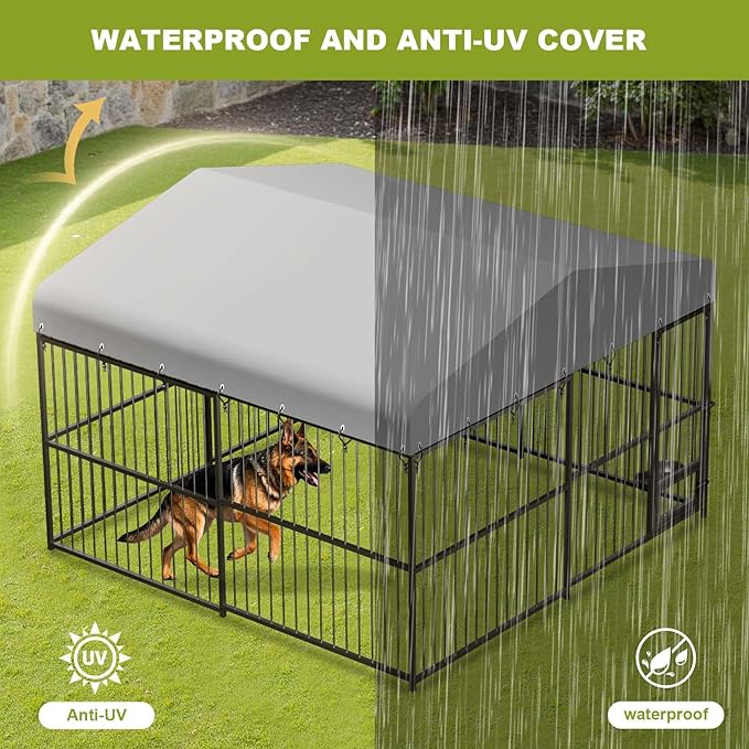 10x10x6 FT Outdoor Dog Kennel, Heavy-Duty Outdoor Enclosures with Lock, UV-Resistant Waterproof Roof Cover & Swivel Stainless Steel Feeding Bowl,for Medium & Large Dogs,Easy Assembly