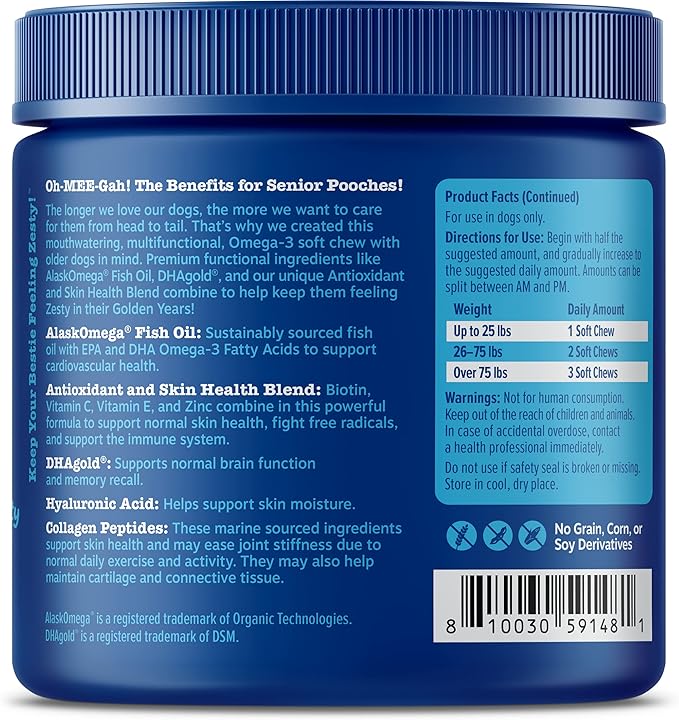Zesty Paws Skin & Coat Bites for Dogs – Fish Oil Soft Chews with Omega-3 Fatty Acids EPA & DHA - Skin, Coat, Antioxidant & Immune Support - Advanced - 90 Count