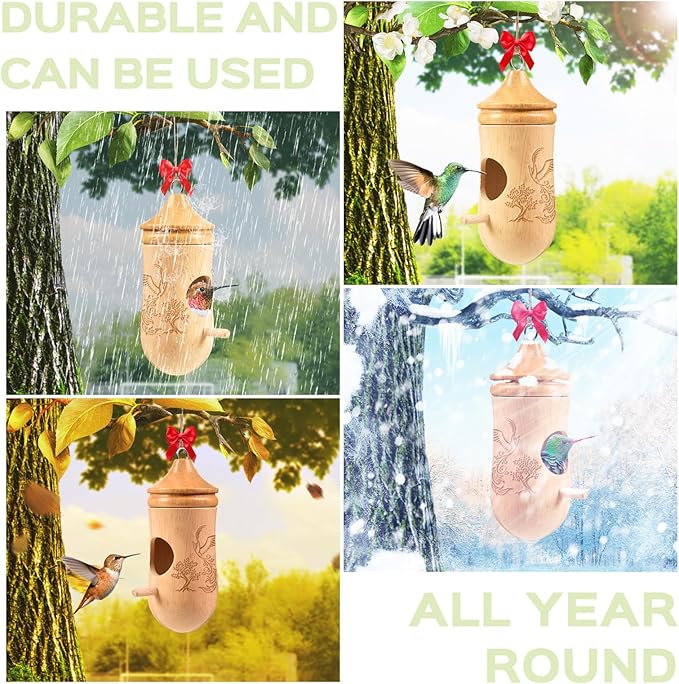 Hummingbird House, Solid Wood Hummingbird Houses for Outside-Exquisitely Handcrafted Birdhouse with Ribbon and String Hanging Kit, Durable Garden Decor, Perfect Gardening Gift(Style-E, 1 Pack)