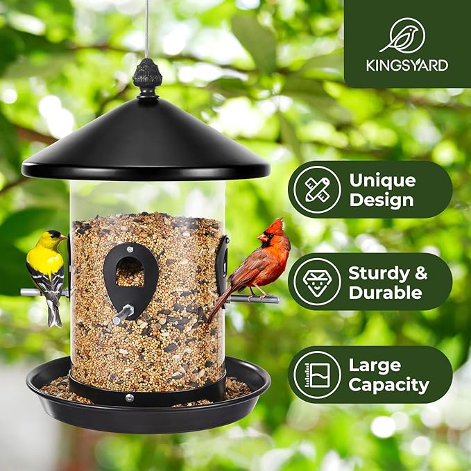 Kingsyard Metal Bird Feeder for Outdoors Hanging with 8 Ports, 3 lbs Large Tube Bird Feeder with Seed Tray for Cardinal Finch, Easy to Fill and Clean, Black