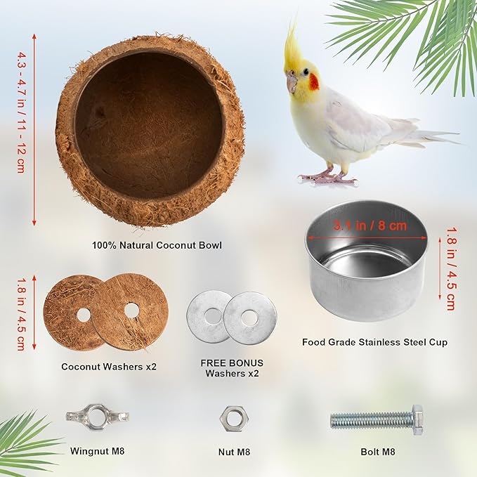 Premium Coconut Bird Food and Water Bowl Set - Removable Stainless Steel Cage Bowls with Clamp - Food & Water Feeder Coop - Cup for Cockatiel Parakeet Macaw Finches Lovebirds Small Animals (2 Pack)