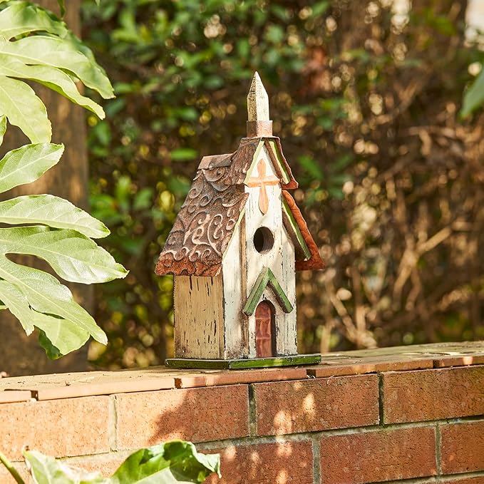 Glitzhome Wooden 14" H Hanging Distressed Church Birdhouse Decorative Garden Bird House