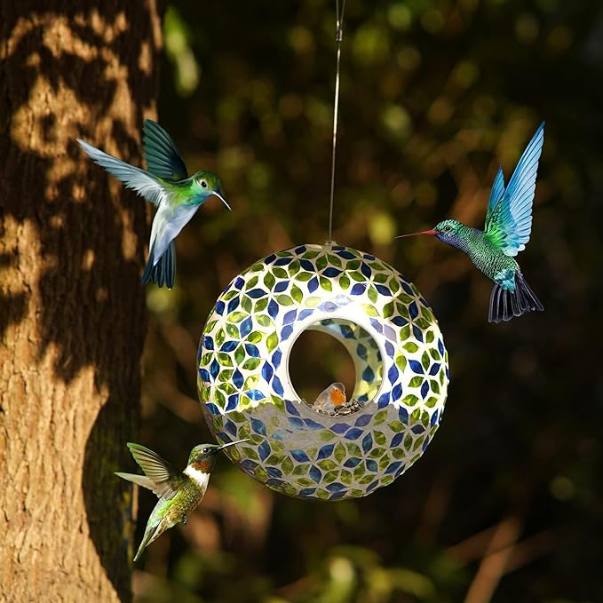 Wild Bird Feeder Fly Through Garden Hanging Bird Feeder Mosaic Circle Squirrel Proof for Outdoor Decoration,Blue and Green Flower