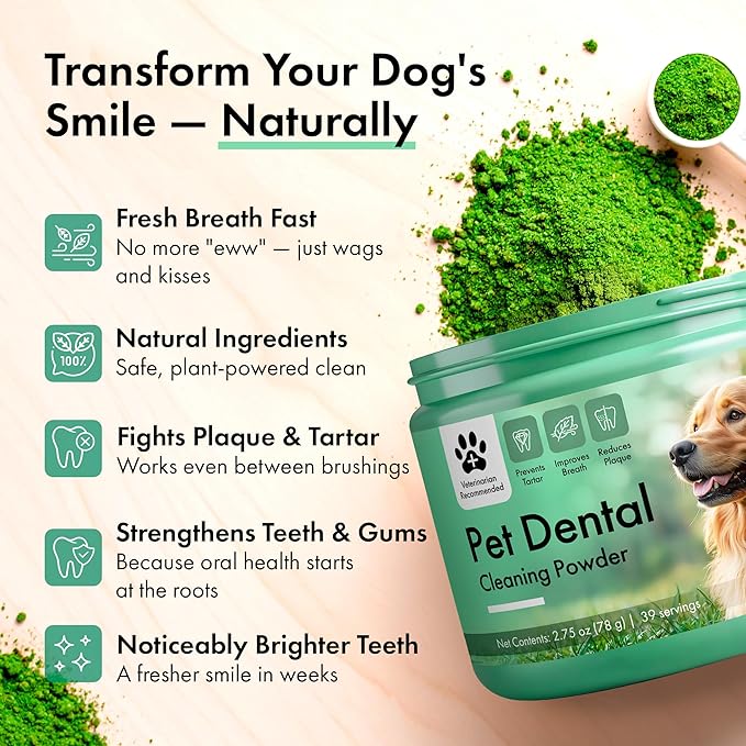 Dog Dental Powder – Dog Breath Freshener – Plaque and Tartar Remover for Dogs, Bad Breath Treatment, Natural Tooth Cleaning Powder for Dogs of All Breeds and Sizes – Oral Care Supplement for Pets