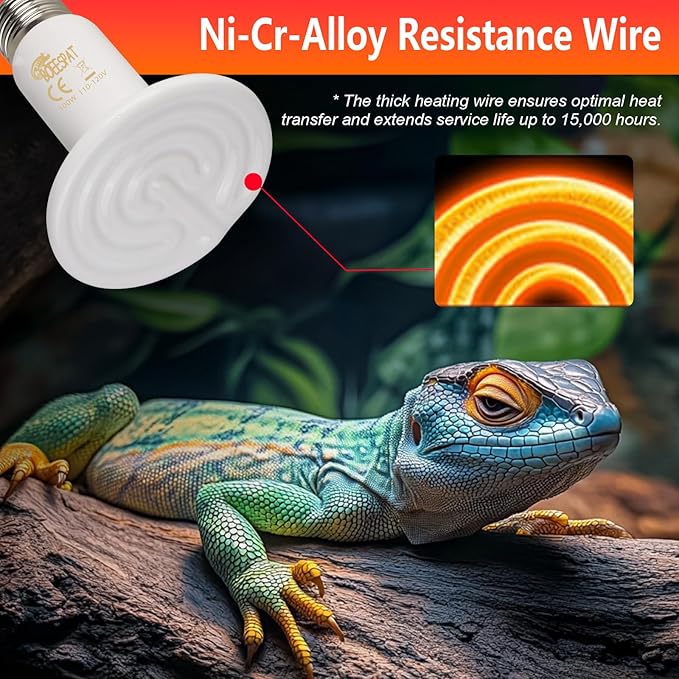 Energy Efficient 75W Reptile Heat Bulbs, Pack of 2 Ceramic Heat Emitters for Reptile Geckos, Bearded Dragon, Lizard, Iguana & Small Pets (White, 75 Watts)