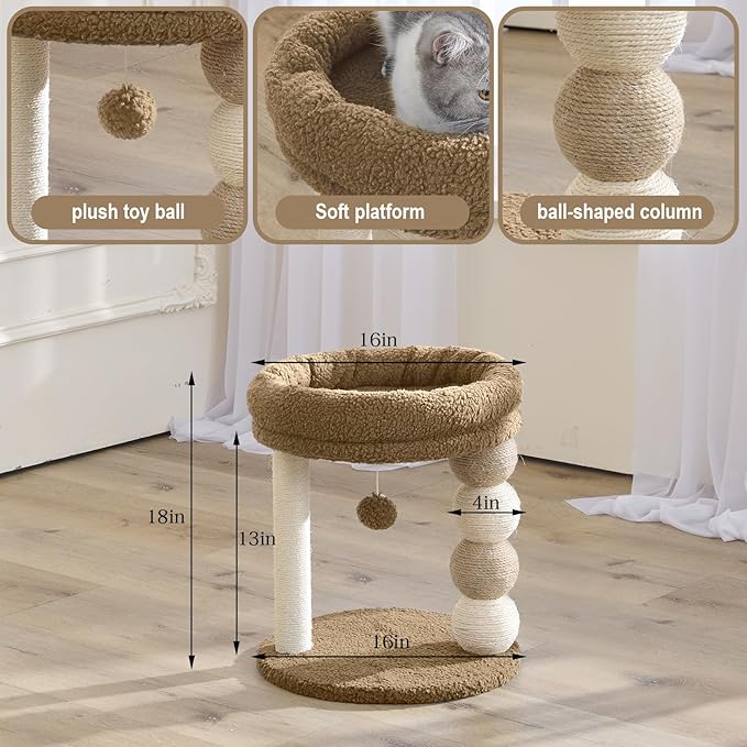 YOCAN Small Cat Tree Tower Indoor with Large Cozy Plush Top Perch, Natural Sisal Scratching Posts, Interactive Dangling Ball Great for Kittens and Cats (Brown)