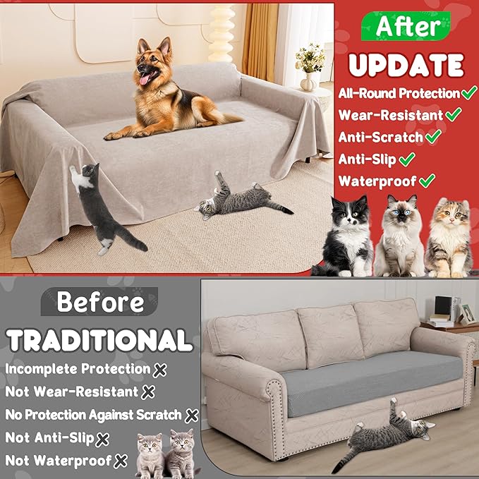 Cat Scratch Furniture Protector - Anti-Slip, Waterproof Sofa Cover to Keep Cats Off, Pet-Friendly Couch Protectors for 3 Cushion Couch, Khaki Anti-Scratch Couch Cover for Pets and Kids 134"X71"