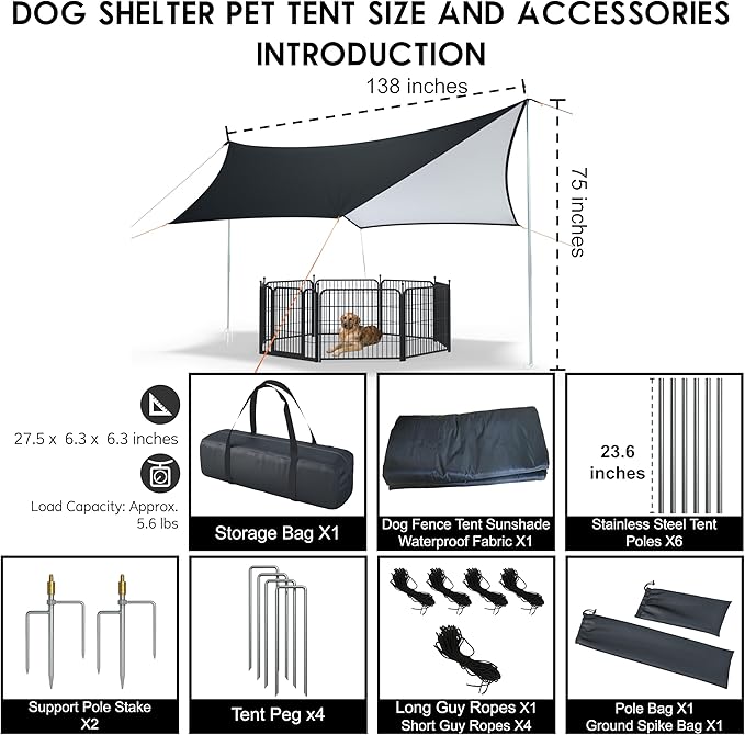 Dog Shade Shelter Pet Tent Outdoor, with Stainless Steel Connecting Poles, Equipped with a Canopy, Ground pegs, Guy Ropes, Stainless Steel Connecting Poles.