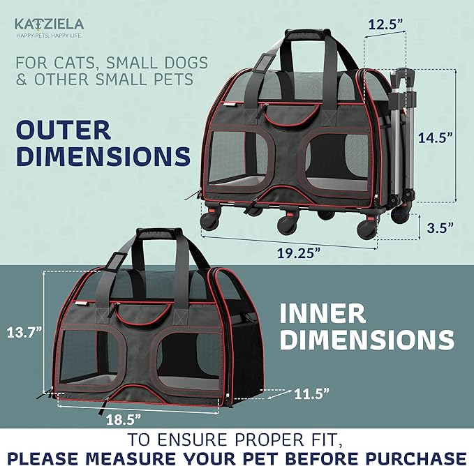 Katziela Luxury Rider Pet Carrier – Airline Compliant & TSA Approved Soft-Sided Travel Bag with Removable Base & 6 Wheels for Small Dogs & Cats – Black/Red