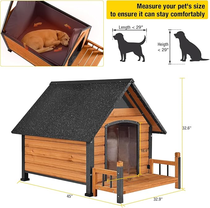 Dog House Outdoor, Insulated Dog Kennel Outside for Large Breed, 50.87" L Weatherproof Large Dog Shelter with Anti-Chewing Iron Frame (Brown, 45" D x 32.9" W x 32.6" H)