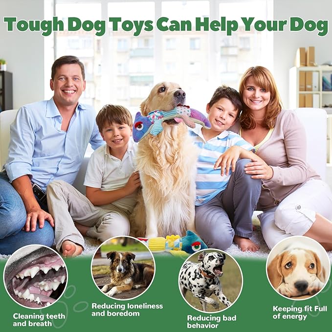 Crinkle Dog Toys Squeaky Plush No Stuffing Cute Puppy Stuffless Tough Rop Pull Toy, Fun Dog Stuffed Animals Durable Chew Set for Small Medium Large Pup (Large, Blue+Purple Chameleon)