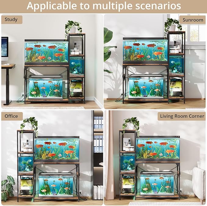 VOWNER 20-29 Gallon Fish Tank Stand with Power Outlet, Wood Aquarium Stand with Shelves for Fish Tank Accessories Storage, Heavy Duty Metal Frame, Turtle Reptile Terrarium Stand, Load 500lb, Brown