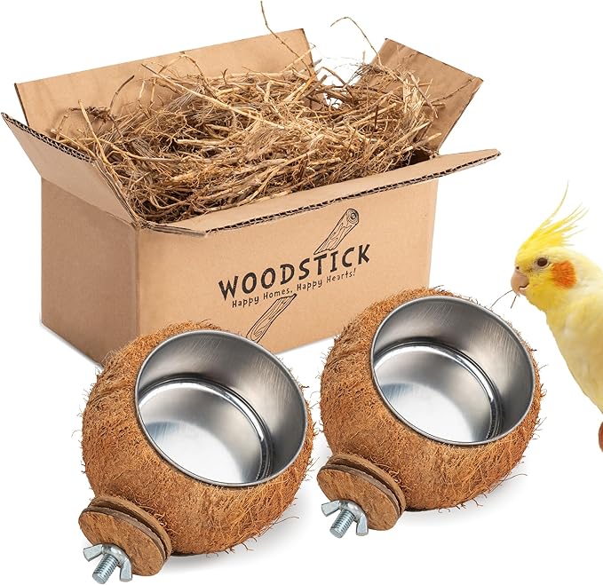 Premium Coconut Bird Food and Water Bowl Set - Removable Stainless Steel Cage Bowls with Clamp - Food & Water Feeder Coop - Cup for Cockatiel Parakeet Macaw Finches Lovebirds Small Animals (2 Pack)