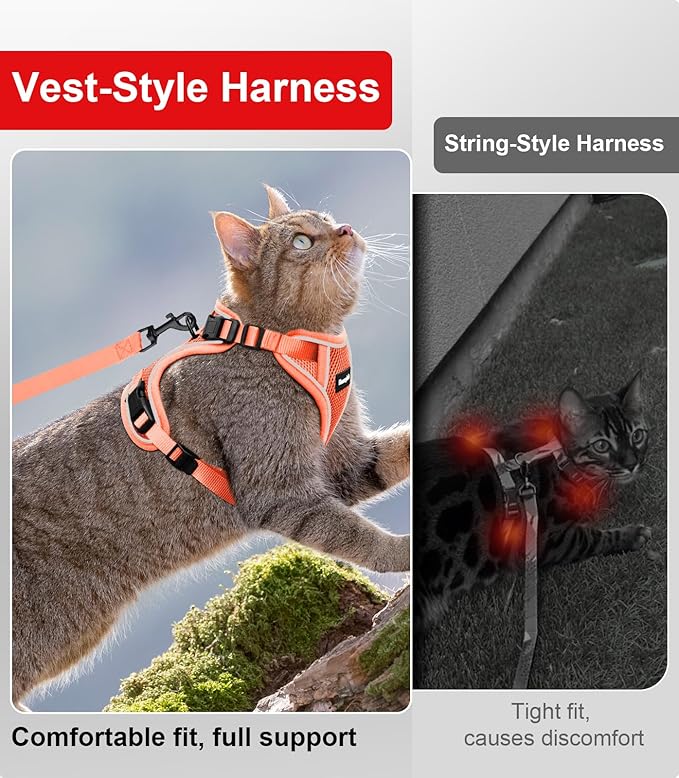 Cat Harness and Leash for Walking Escape Proof Soft Adjustable Cat Leash Breathable Comfortable Vest Easy to Wear Kitten Harness for Outdoor Travel Orange M