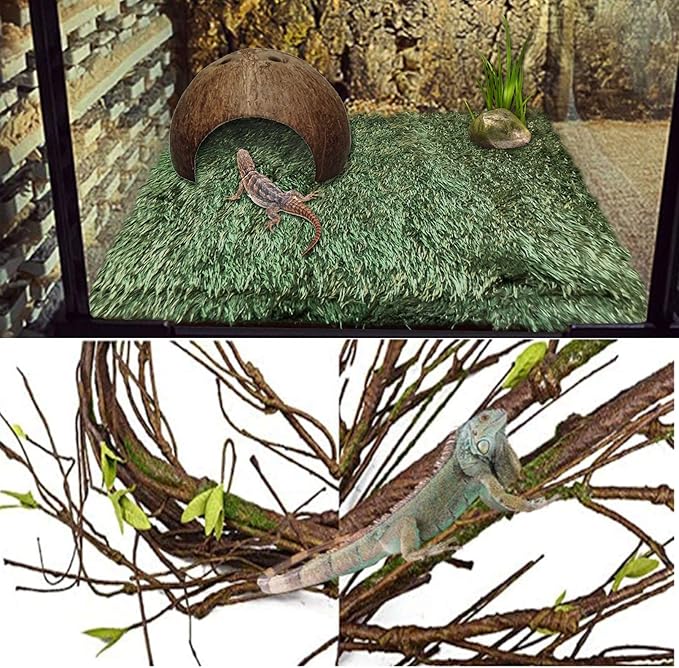 PINVNBY Bearded Dragon Habitat Decoration,Reptiles Hammock Natural Seagrass Lizard Lounger Bridge Coconut Shell Hut Hideout Cave Jungle Climber Terrarium Accessories for Gecko Chameleon Snakes(5 Pcs)