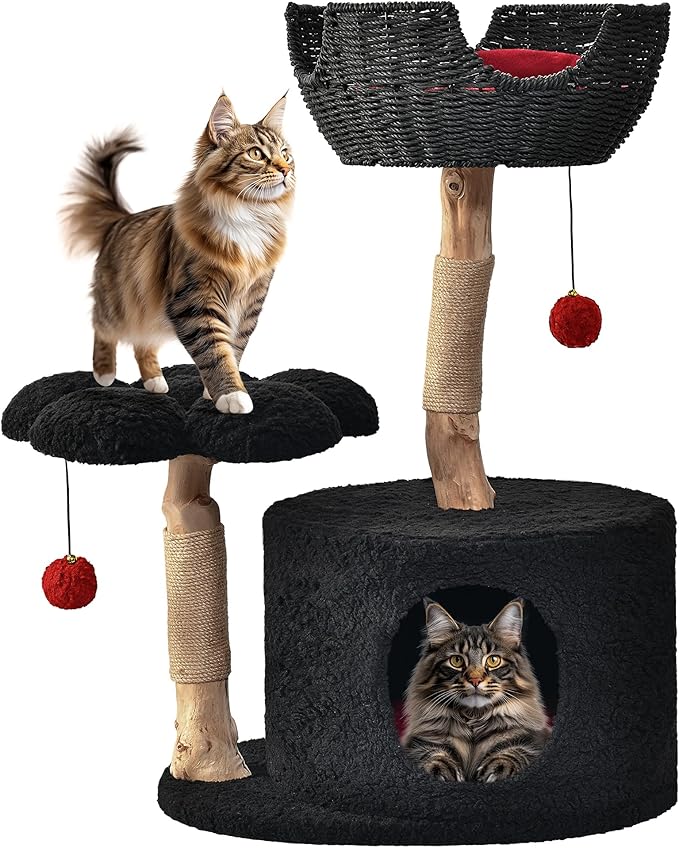 Easyego Modern Cat Tree, Aesthetic Wood Cat Tree Tower for Large Cats, Luxury Cat Condo with Scratching Posts and Flower Platforms, Cat Furniture by Easyego,(Black)