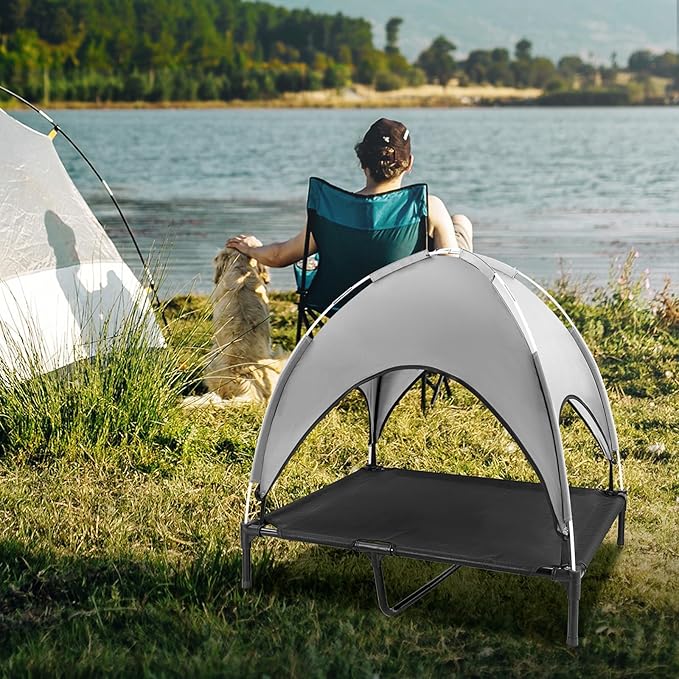 Elevated Outdoor Dog Bed with Canopy, Raised Dog Cot with Shade, Waterproof Dog Tent for Medium Large Dogs Portable Cooling Pet Bed with Breathable Mesh for Camping Beach, XL