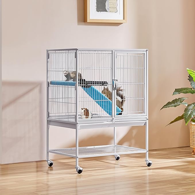 Yaheetech Small Animal Cage, Metal Pet Cage with Removable Tray/Ladder/Wheels, Ferret Cage, Chinchilla Cage, Sugar Glider Cage, White