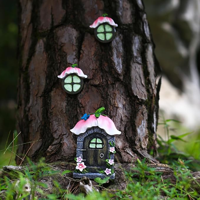 Attivolife Fairy Door and Windows for Outdoor - Glow in The Dark Treehouse Garden Lawn Decor Magical Yard Art Resin Sculpture Fairies House Kit Gift for Kids Girl Women Plant Lovers