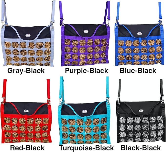 Majestic Ally Animal Health Hay Bag for Horses, 2.5" Holes, Top Load, Travel Feeder, Reduces Waste, 1 Year Warranty, Multiple Colors (Purple-Black)