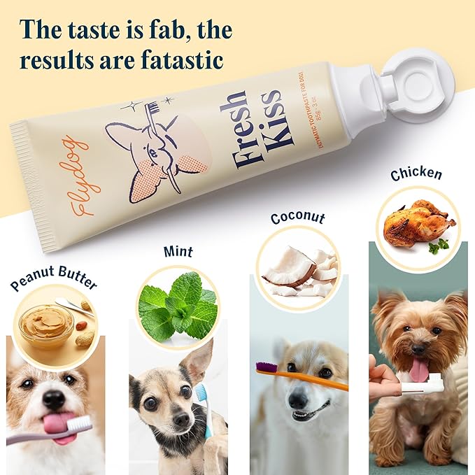 FlyDog Fresh Kiss Dog Tooth Brushing Kit - Vet Approved Formula, Enzymatic Dog Toothpaste and Brush - Breath Freshener & Tartar Remover, 360ยฐ Toothbrush & Finger Brush, Dental Guide, Coconut Flavor