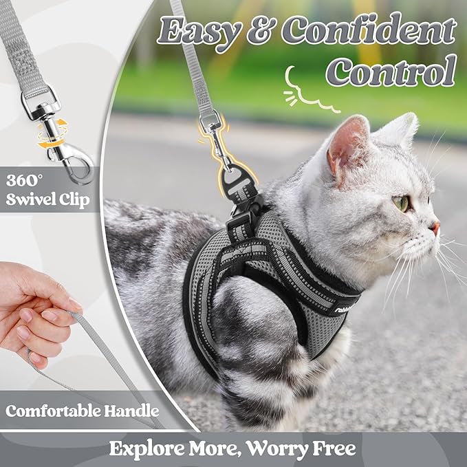 rabbitgoo Cat Harness and Leash Set for Walking Escape Proof, Adjustable Soft Kittens Vest with Reflective Strip for Cats, Comfortable Outdoor Vest, Grey, M