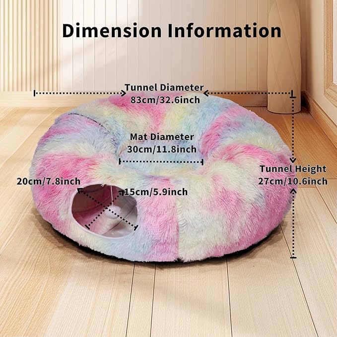 Cat Tunnel Bed for Indoor Cats with Washable Cushion Cat Cave Donut Tunnel with Fluffy Ball Big Round Tube Pet Playground Toys Soft Plush Peekaboo for Kitten, Cat, Puppy, Rabbit, Ferret (Colorful)