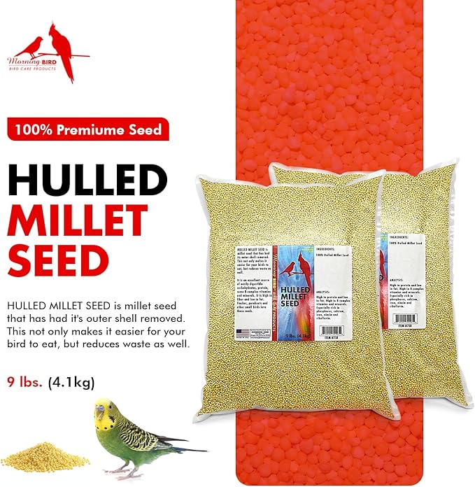 Morning Bird Hulled Millet – Nutritious Seed, Easily Digestible with High Fiber, Rich in Vitamins and Supplements for Birds, Ideal Bird Feed for All Bird Types, 18 lbs (2-Pack, 9 lbs Each)