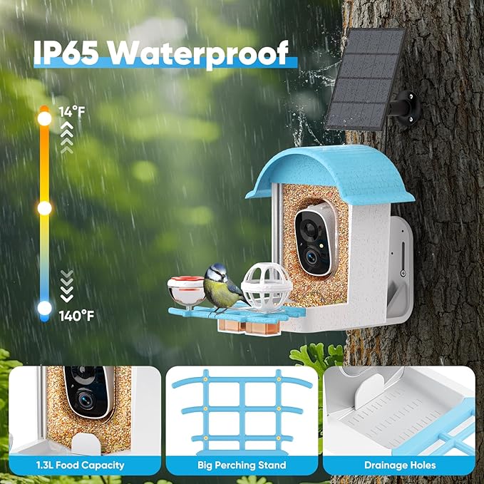 Bird Feeder with Camera, Smart Bird Feeder with Solar Panel, 2K HD Live View, AI Identify, Auto Capture, Instant Notifications, 2.4GHz, IP65 Waterproof, Ideal Gifts for Lover, Blue