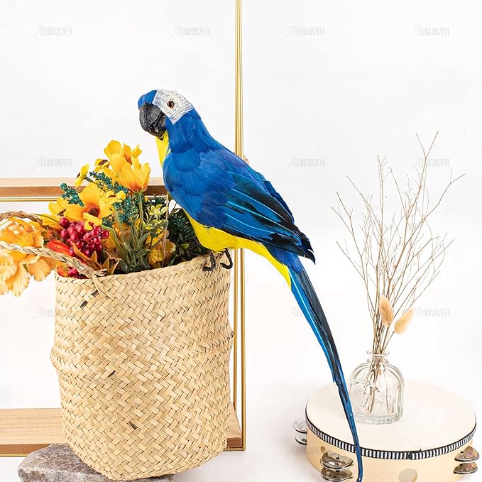 AUEAR, 17.7 Inch Blue Artificial Birds Realistic Big Parrot with Lifelike Feathered Decor Ornament Model for Decoration Craft