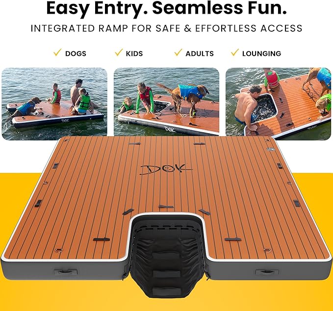 DOK Party-DOK Inflatable Dock Platform: Safe & Easy Water Access; Floating Non-Slip EVA Foam with Water Ramp for Pool, Dock, & Lake | Military Grade & High Visibility (8'x8')
