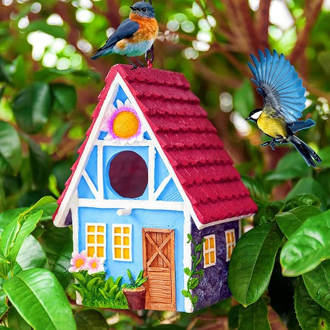 Garden Bird House for Outside Clearance Hanging Outdoors Country Cute Birdhouses for Wren Finchs Chickadee Hummingbird Tree Swallow Cage Kids Nature Lover Bluebird House(Red)