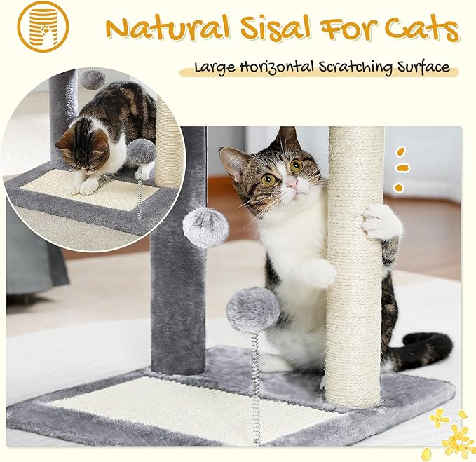PAWZ Road Cat Scratching Post Bed, Small Cat Tree Tower with Cat Scratcher Pad Large Top Removable Bed with Play Ball Great for Kittens and Cats