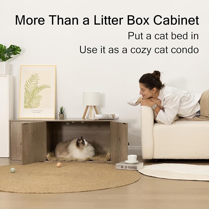 Wooden Cat Litter Box Enclosure with Storage Compartment with Adjustable Divider, Hidden Litter Box Furniture and Hall Table, Cat Box Enclosure, 42.5''L*18.5W*16.9H (Light Oak, Plain)