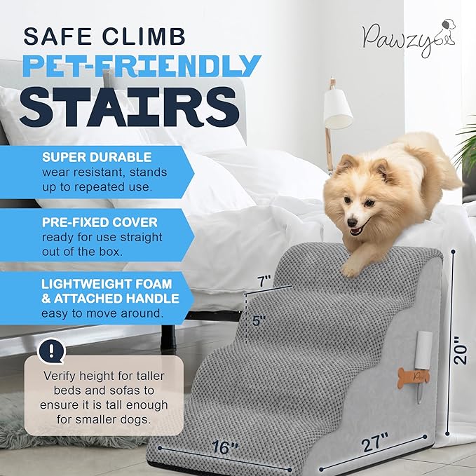 PAWZY Foam Pet Stairs for Bed, Couch or Window PREFIXED Cover - Wide Steps for Bed, Waterproof, Non-Slip Base - 4 Tier Ramp Dog Stairs for Small Dogs, Puppies, Cats - (Gray, 4 Step, 1)