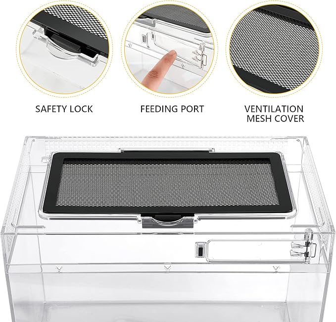 Reptile PC Terrarium,Anti Breakage 19.5x9.4x10.5 in Amphibians Tank Starter Kits,Top Sliding Door Gecko Starter Screen Ventilation Mini Habitat Cages,Hygrometer Thermometer,Hide Cave,Tweezer,Sprayer