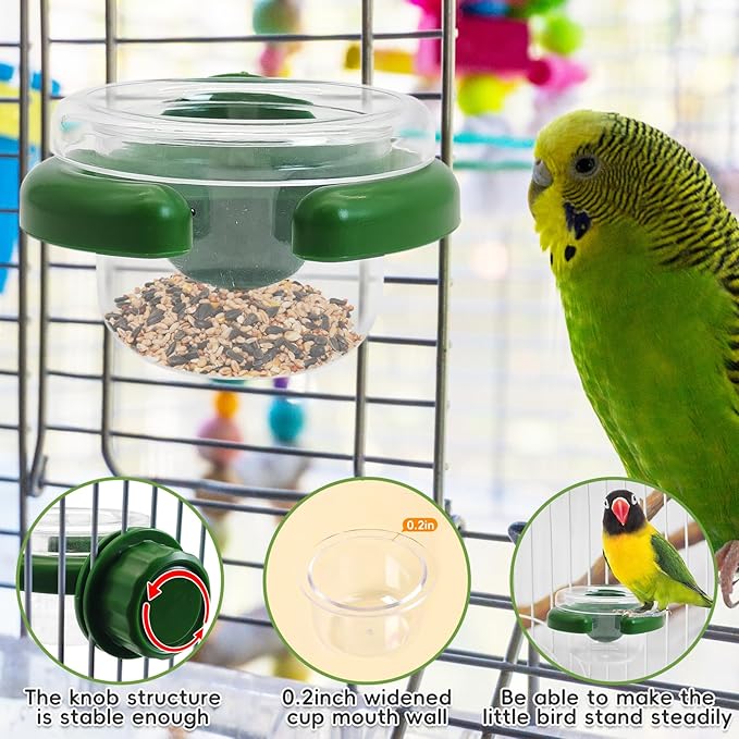 PINVNBY 4 PCS Bird Bowls for Cage with Clamp,Transparency Birds Cage Feeders Easy to Install Parakeet Feeder Small-Sized Detachable Bird Bowl for Finches Lovebirds and Long-Tailed Parrots (Green)