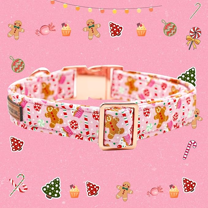 Elegant little tail Dog Collar, Christmas Pink Gingerbread Man Print Pet Collar Cute Dog Collars Male or Female Pet Gift Adjustable Dog Collar for Small Dogs