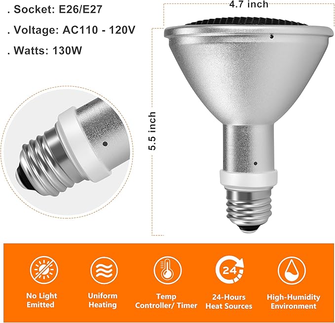 Deep Heat Projector - DHP 130W Infrared Reptile Heat Lamp Bulbs for Turtle Light Bearded Dragon Chicken Lizard Leopard Gecko Snake