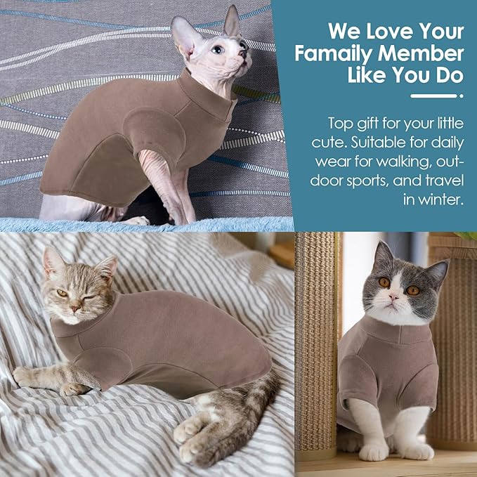 SUNFURA Turtleneck Sweater for Cat, Sphynx Cats Shirt Hairless Cat Sweaters with Sleeves, Warm and Soft Kitten Pullover Fleece Winter Pajamas Jumpsuit for Puppy Cats, Coffee M