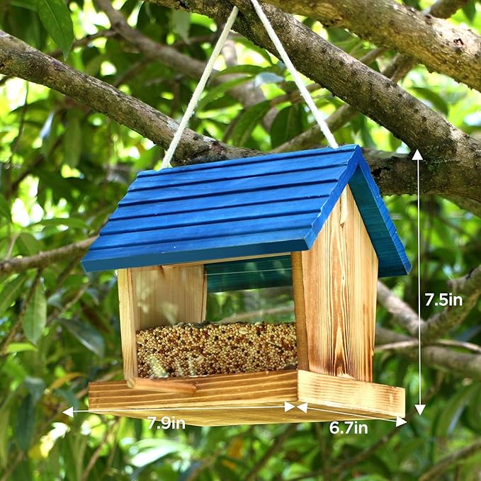Cedar Wooden Bird Feeders for Outdoors Hanging– Large, Weatherproof Wild Bird House Feeder–Pre-Assembled, Hopper Design, Anti-Squirrel, Easy Fill for Cardinals, Bluebirds, Oriole & Finches