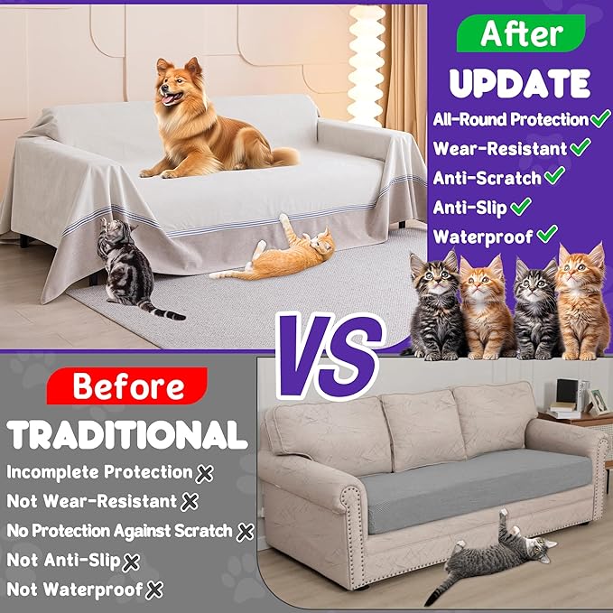 Cat Scratch Furniture Protector - Anti-Slip, Waterproof Sofa Cover to Keep Cats Off, Pet-Friendly Couch Protectors for 3 Cushion Couch, Anti-Scratch Couch Cover for Pets and Kids 150"X91" Beige