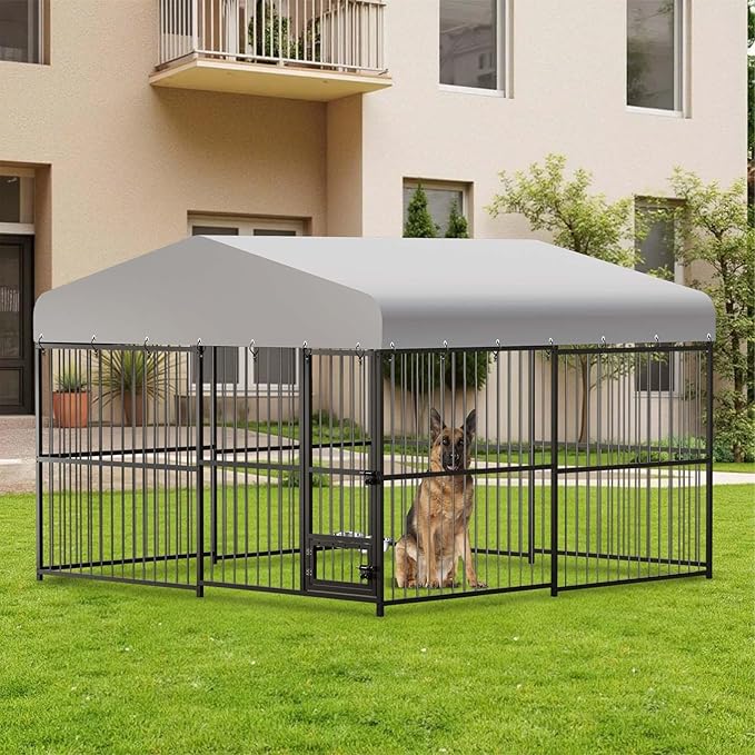 10X10x6FT Large Outdoor Dog Kennel with Swivel Feeder & UV-Resistant Waterproof Roof Covered, Heavy Duty Dog Cage Playpen for Medium and Large Dogs, Easy Assembly