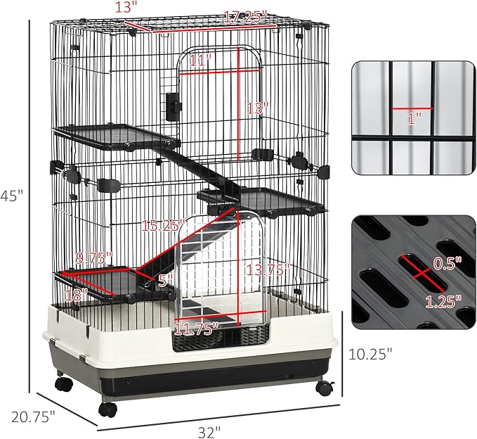 PawHut 4-Level Small Animal Cage Rabbit Hutch with Wheels, Removable Tray, Platform and Ramp for Bunny, Chinchillas, Ferret, Black