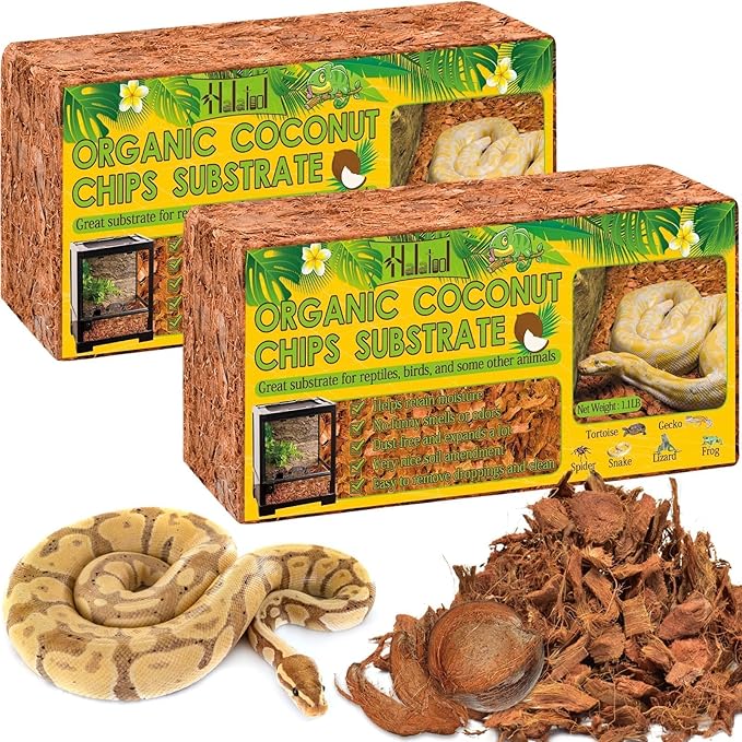 Halatool 2Pack Snake Bedding Natural Coconut Chips Substrate 2.2LB Coconut Husk for Reptiles Tank Terrarium Substrate for Ball Python Frog Gecko Hermit Crab Tortoise