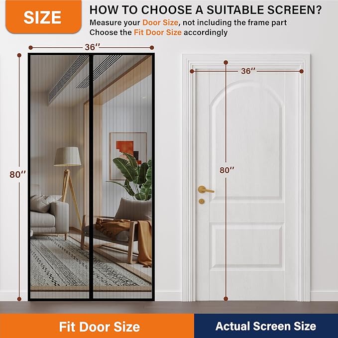 Magnetic Screen Door, Fit Door Size 32 x 96 Inches, Screen Doors with Magnets, Pet & Kid Friendly,Works with Front Doors, Sliding Doors Black