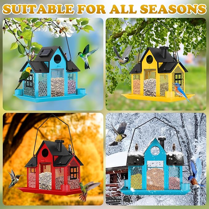 Solar Bird Feeders House for Outside Hanging, Metal Wild Bird Feeder for Outdoors Large Capacity Cardinal Birdfeeder Birdhouses Metal Bird Feeding Station Yellow
