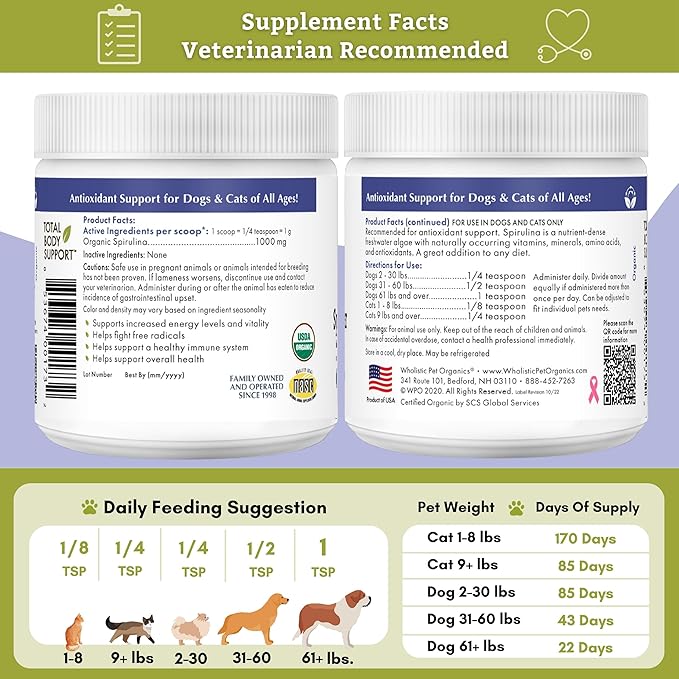 Wholistic Pet Organics Spirulina for Dogs - 3 Oz - Supports Healthy Immune System & Seasonal Allergy - Plant Based Antioxidant Support for Homemade Food - Organic Dog Food Topper - Freshly Made in USA
