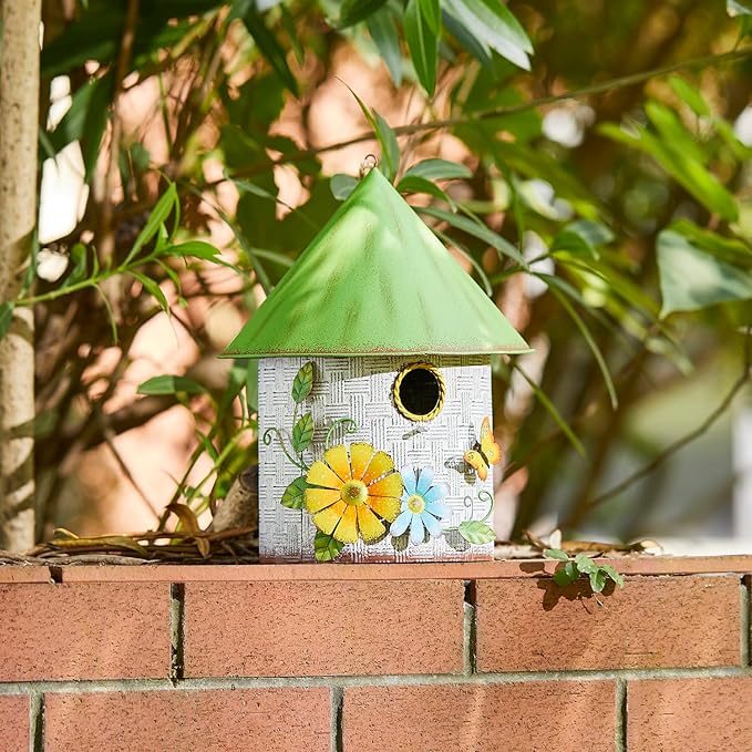 Glitzhome Bird Houses for Outdoors, Blue Bird House for Outside, 11" H Stylish Distressed Metal Cottage Decorative Birdhouse with a Cluster of 3D Flowers and Butterfly for Garden Patio Backyard