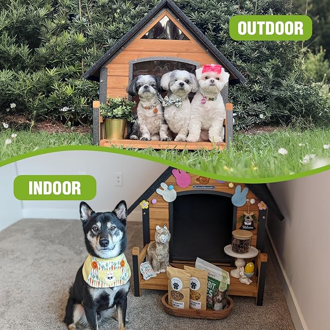 GUTINNEEN Dog House Outdoor with Anti-Bite Metal Frame, Dog Kennel with Porch and Weatherproof Roof for Small, Medium, Large Breeds, Puppy Home Indoor (Brown, 45’’ Medium)